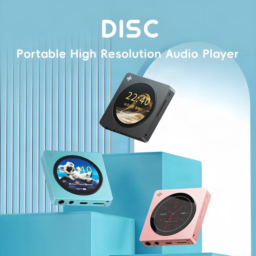 Lector FiiO Snowsky DISC negro compacto con pantalla circular a color, botones laterales, puertos 3.5 mm y USB-C, diseño metálico elegante y minimalista - Ítem6