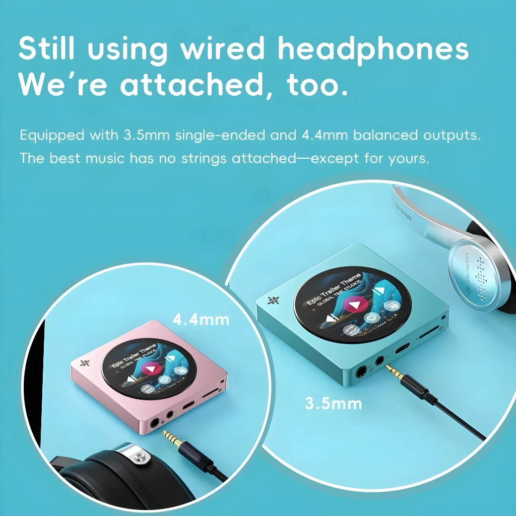 Lector FiiO Snowsky DISC negro compacto con pantalla circular a color, botones laterales, puertos 3.5 mm y USB-C, diseño metálico elegante y minimalista - Ítem7
