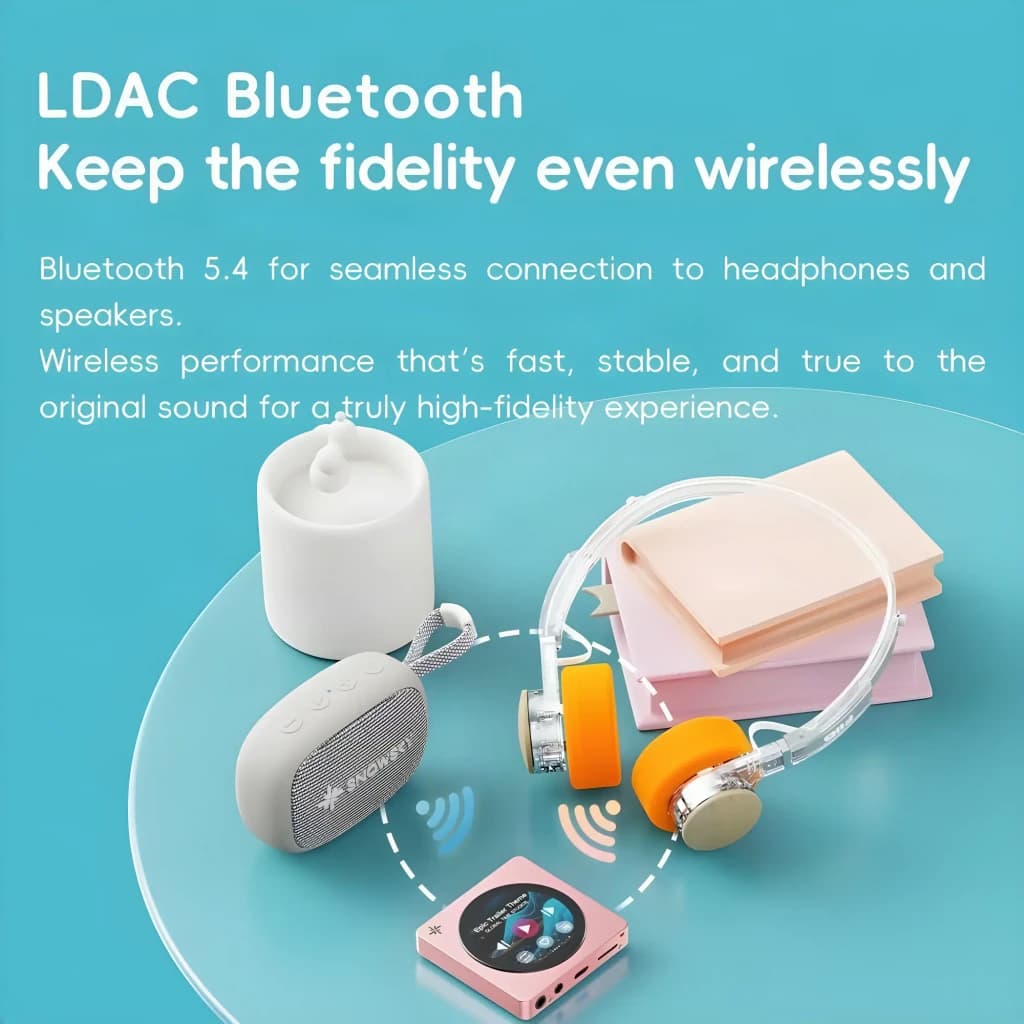 Lecteur FiiO Snowsky DISC Noir compact avec écran carré rose, molette latérale, logo flocon, connectivité Bluetooth 5.4 LDAC pour audio haute fidélité