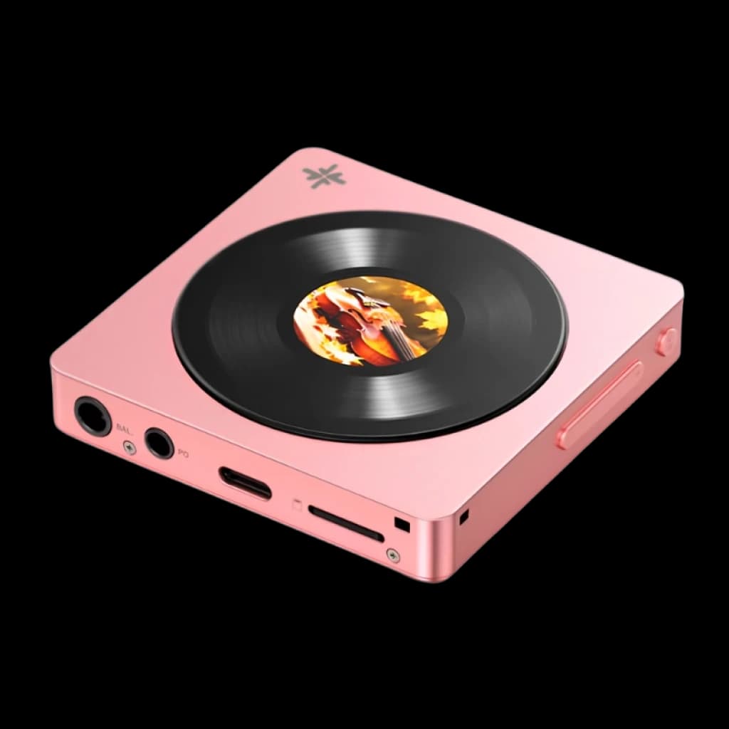 Lecteur FiiO Snowsky DISC Noir carré rose, mini platine vinyle sur écran, ports jack 3,5 mm et 4,4 mm, fente microSD, molette latérale, châssis métal