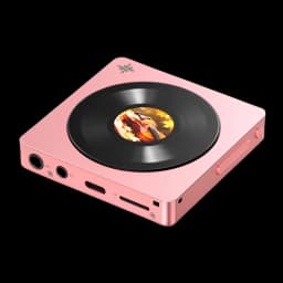 Lecteur FiiO Snowsky DISC Noir carré rose, mini platine vinyle sur écran, ports jack 3,5 mm et 4,4 mm, fente microSD, molette latérale, châssis métal