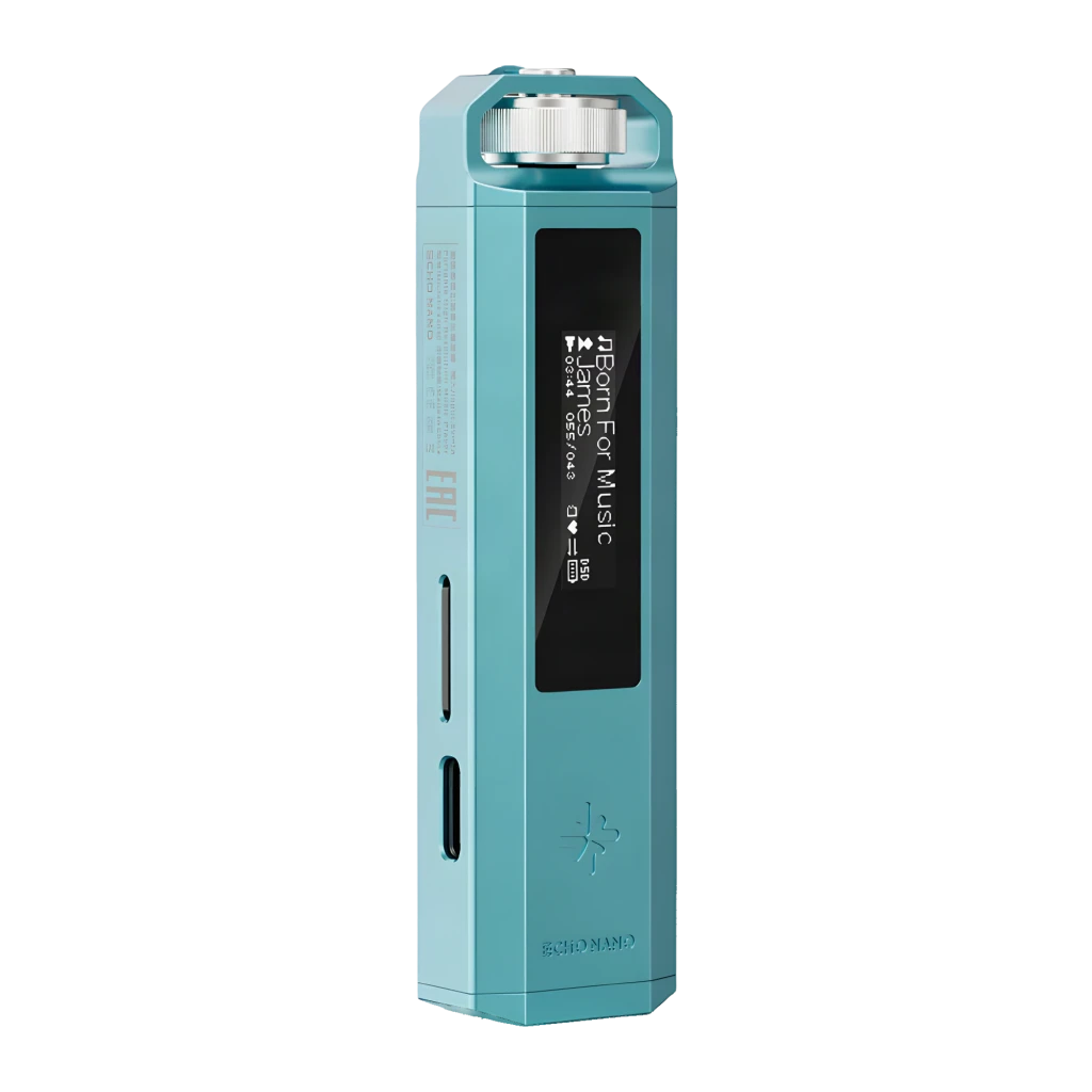 FiiO Snowsky ECHO NANO azul compacto con pantalla lateral, cuerpo metálico turquesa, botones laterales y puerto inferior. Hi‑Res PCM 24bit 192kHz. - Ítem1