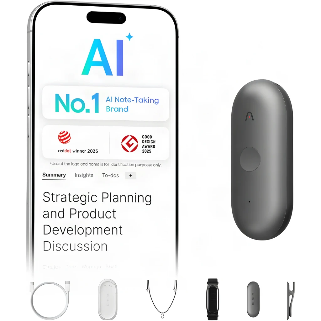 Grabador Plaud NotePin S 64GB negro, cuerpo compacto en gris oscuro con botón central y led. Incluye cable USB-C, adaptador, clip e iPhone con app AI