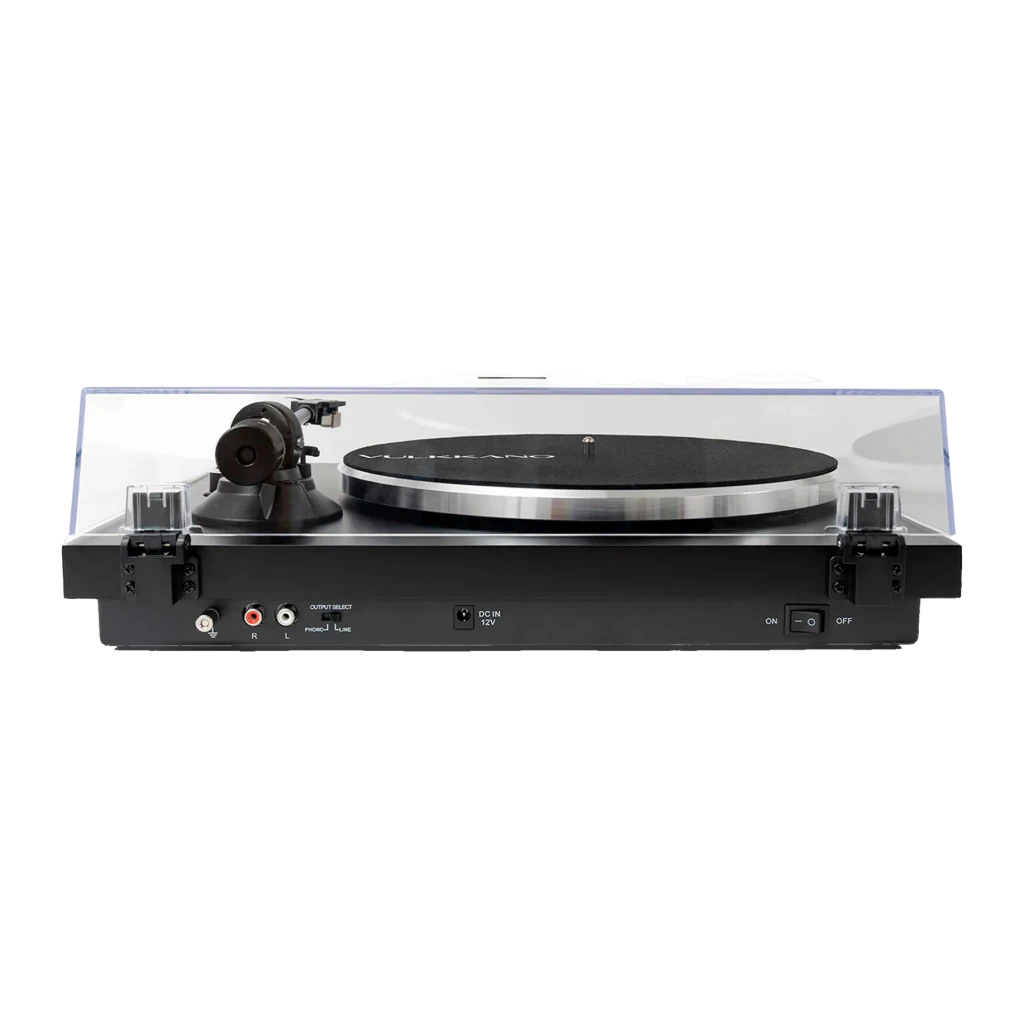 Tocadiscos Vulkkano TD10 Negro, vista frontal: tapa acrílica abierta, plato negro, brazo y conexiones RCA visibles