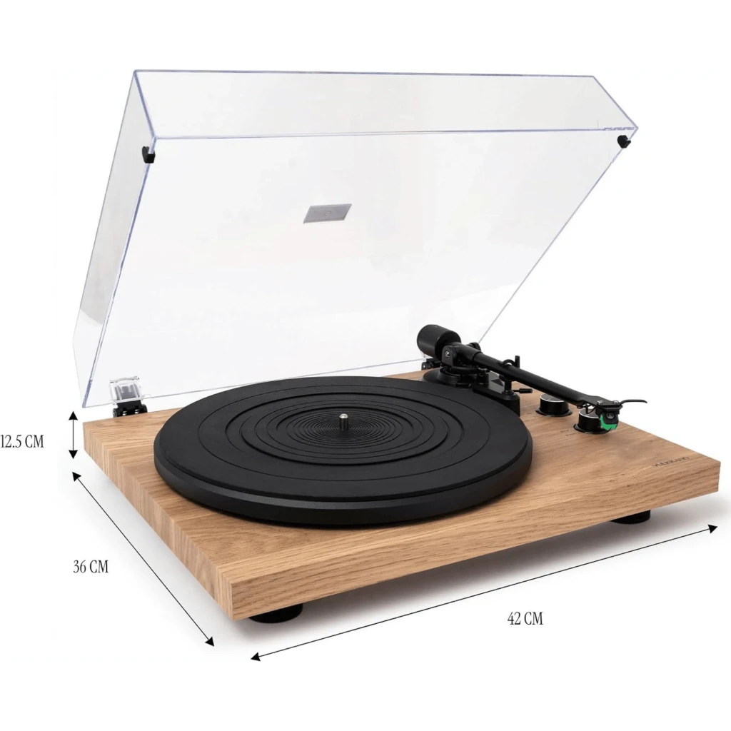 Tocadiscos Vulkkano TD20 Marrón Belt Drive con base de madera, tapa acrílica transparente, plato negro antideslizante y brazo con controles visibles - Ítem5