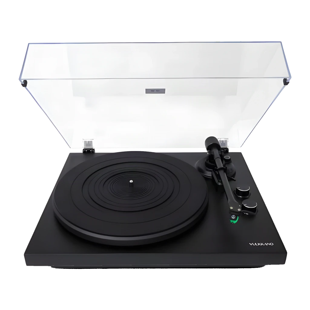 Tocadiscos Vulkkano TD20 Negro Belt Drive con base negra mate, tapa antipolvo transparente, plato ranurado, brazo recto y controles frontales minimalistas - Ítem6