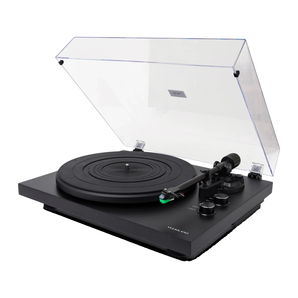 Tocadiscos Vulkkano TD20 Negro Belt Drive con base negra mate, tapa antipolvo transparente, plato ranurado, brazo recto y controles frontales minimalistas - Ítem3
