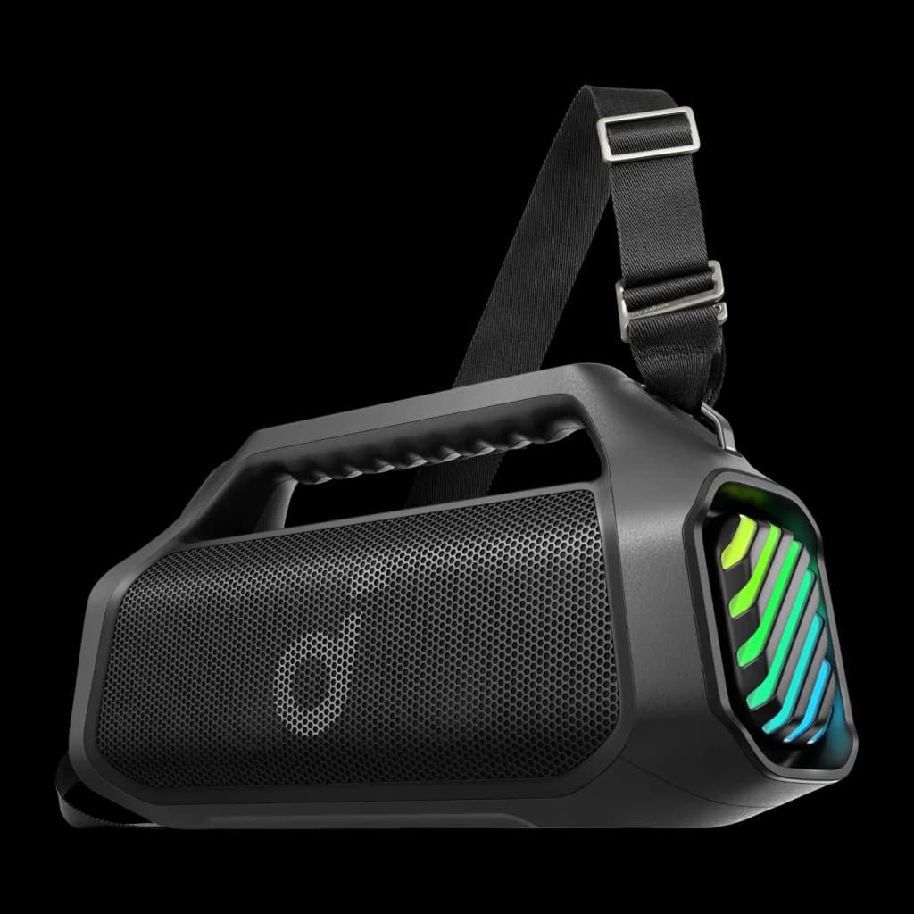 Enceinte Soundcore Boom 2 Pro robuste IP68, poignée intégrée et sangle réglable, façade en grille noire, embouts latéraux lumineux multicolores, design