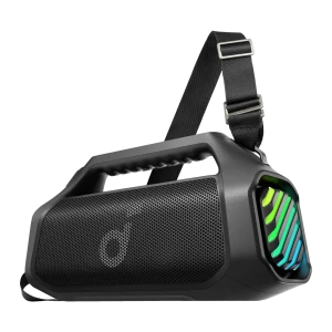 Altavoz portátil Soundcore Boom 2 Pro con asa y correa ajustable, rejilla metálica negra y panel lateral LED multicolor con diseño en relieve