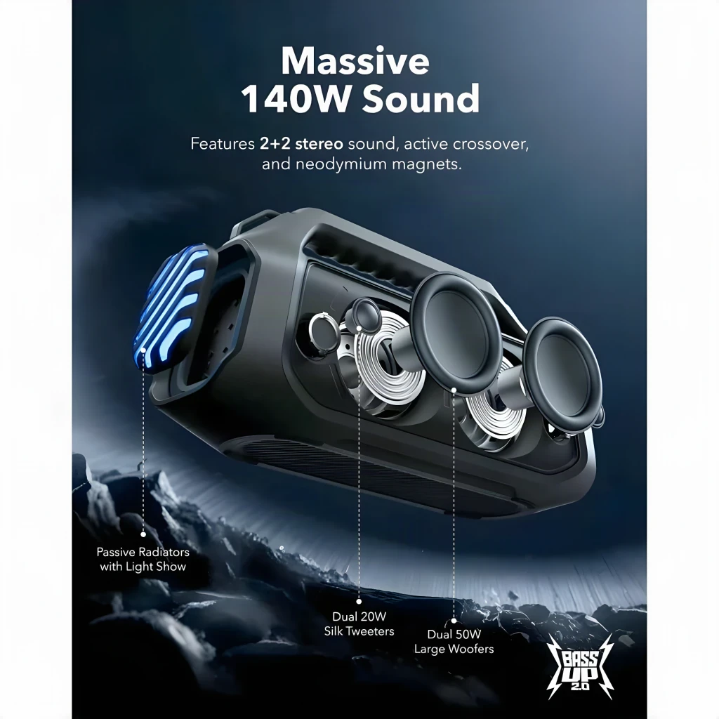Altavoz portátil Soundcore Boom 2 Pro con asa y correa ajustable, rejilla metálica negra y panel lateral LED multicolor con diseño en relieve - Ítem7