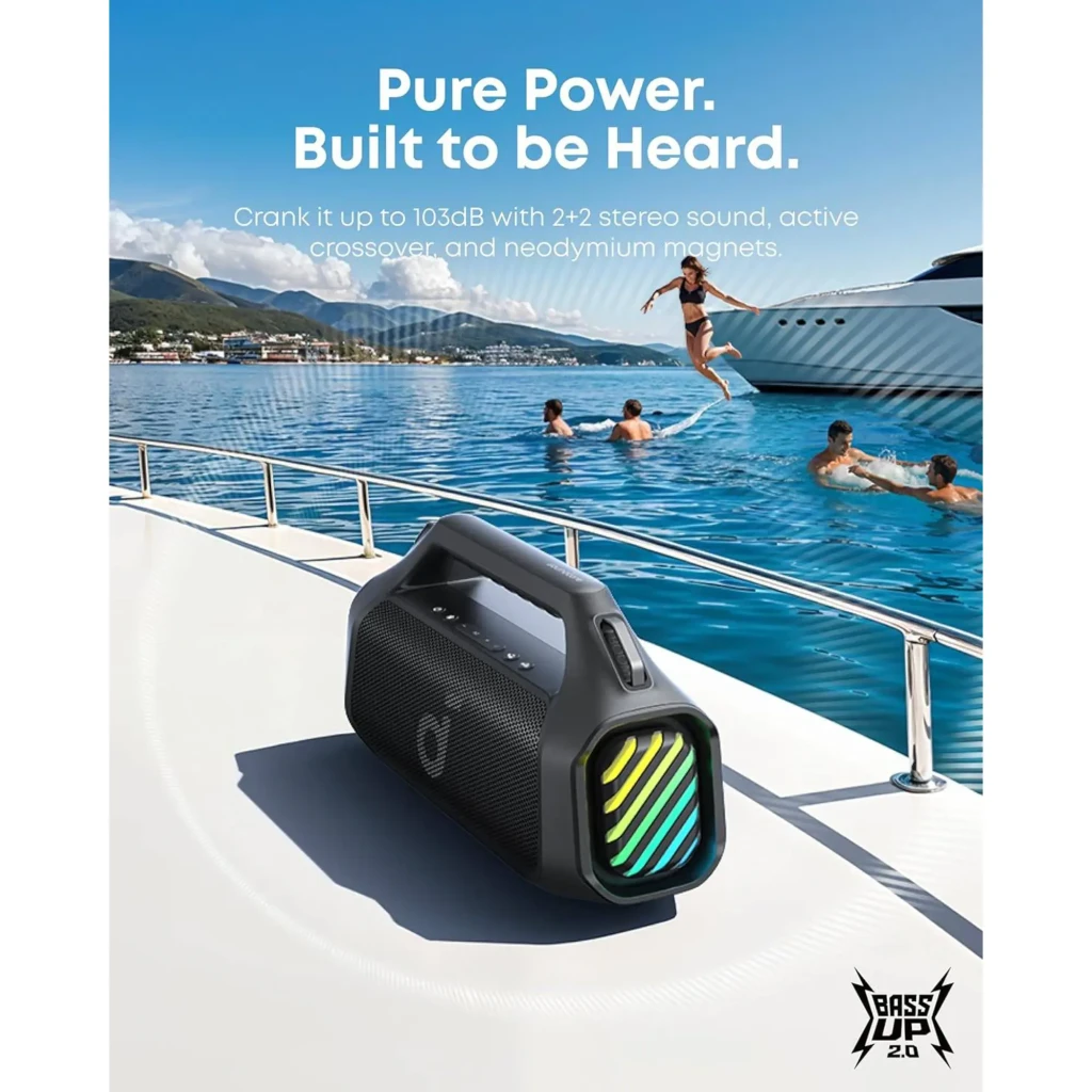 Altavoz portátil Soundcore Boom 2 Pro con asa y correa ajustable, rejilla metálica negra y panel lateral LED multicolor con diseño en relieve - Ítem6