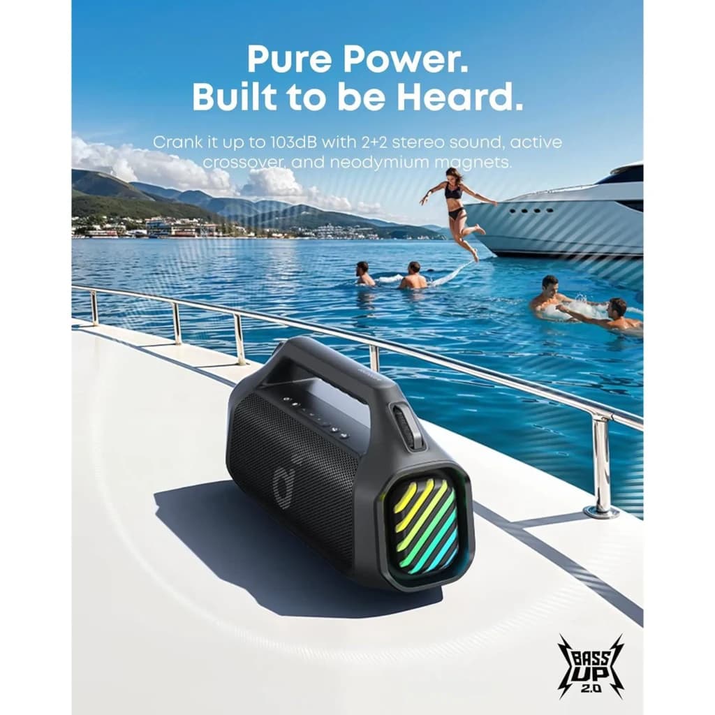 Enceinte Bluetooth Soundcore Boom 2 Pro IP68 140W avec poignée robuste, grille noire et LED multicolores latérales, design portable pour extérieur