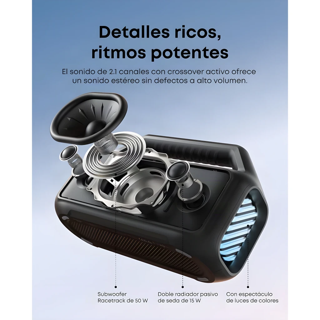Altavoz portátil Soundcore Boom 2 Pro con asa y correa ajustable, rejilla metálica negra y panel lateral LED multicolor con diseño en relieve - Ítem4