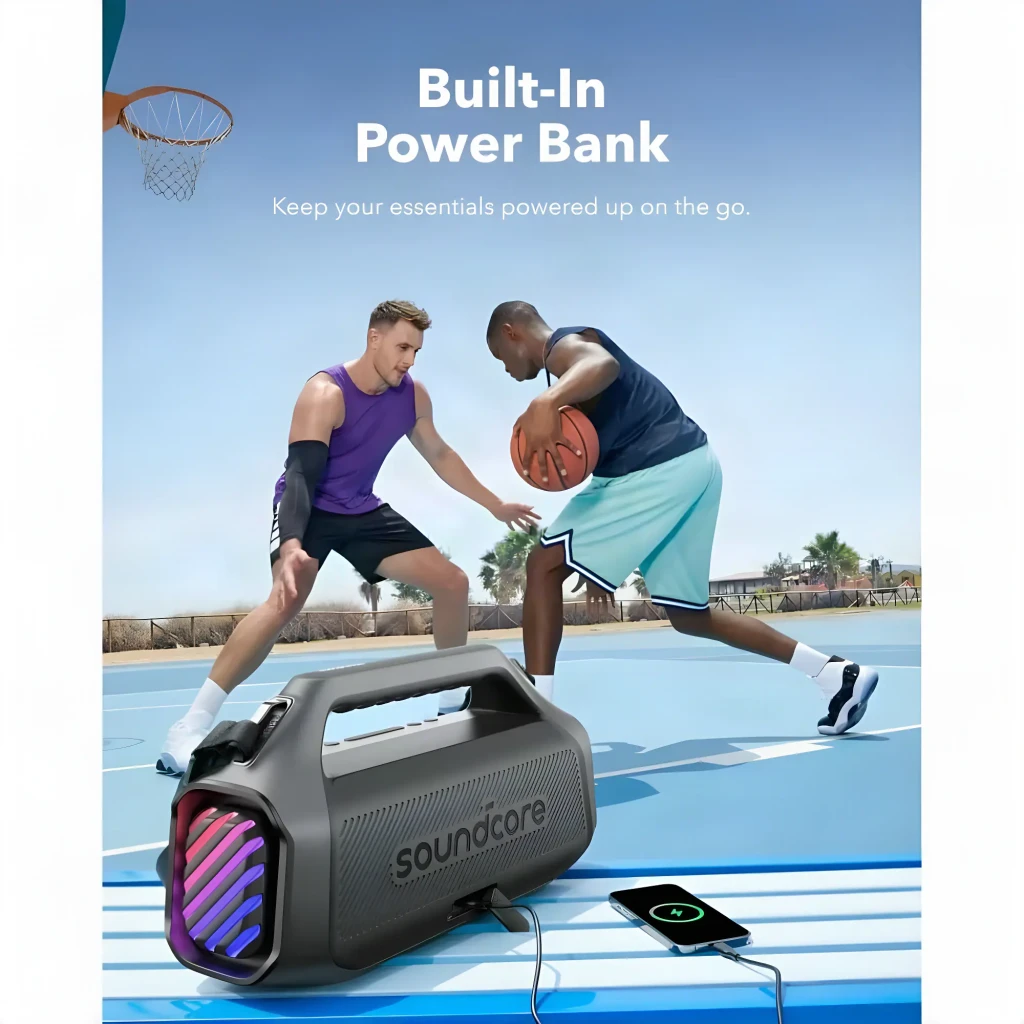 Altavoz portátil Soundcore Boom 2 Pro con asa y correa ajustable, rejilla metálica negra y panel lateral LED multicolor con diseño en relieve - Ítem3