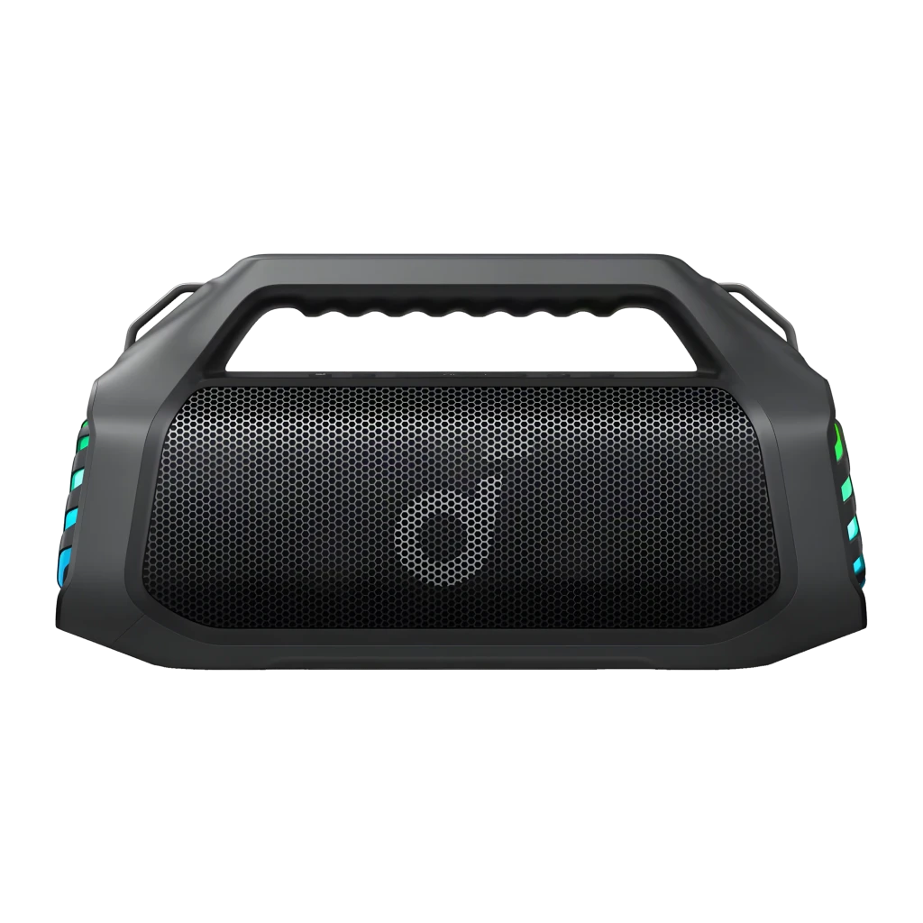 Altavoz portátil Soundcore Boom 2 Pro con asa y correa ajustable, rejilla metálica negra y panel lateral LED multicolor con diseño en relieve - Ítem8