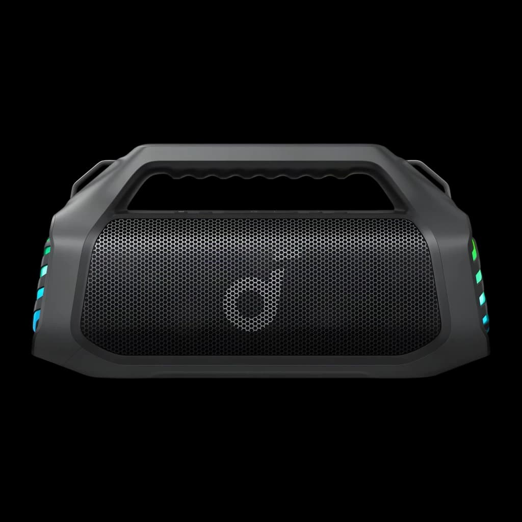 Enceinte Bluetooth Soundcore Boom 2 Pro IP68 140W avec poignée robuste, grille métallique noire, LEDs latérales multicolores, design portable et durable