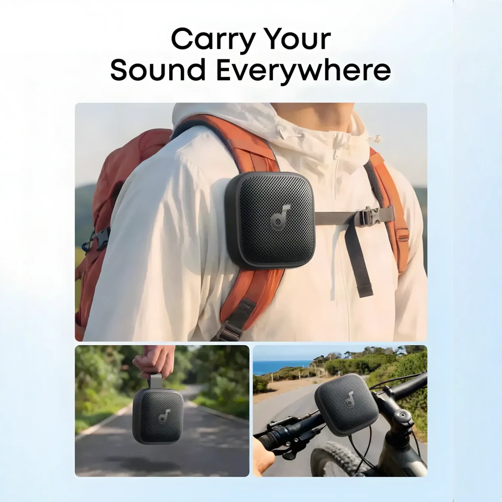Altavoz Bluetooth Anker Soundcore Boom Go 3i IP68 15W 24h, compacto con rejilla negra y franjas LED multicolor, correa de transporte y panel lateral con botones - Ítem3