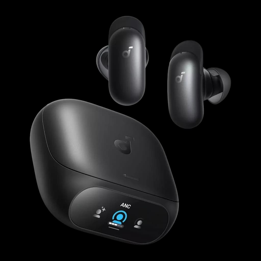 Auriculares Soundcore Liberty 5 Pro con estuche de carga negro, dos earbuds in-ear mate, logo d destacado, indicador LED frontal y cancelación de ruido