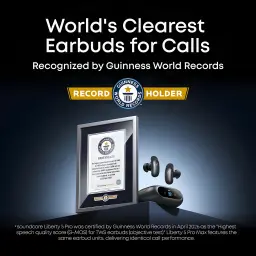 Auriculares Soundcore Liberty 5 Pro con cancelación de ruido adaptativa, estuche de carga negro y certificación Guinness destacada en marco y placa