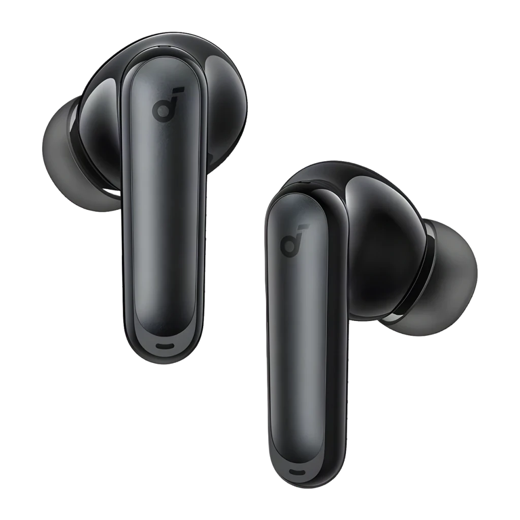 Anker Soundcore P41i Negro, vista frontal: dos auriculares true wireless con logo Soundcore en el vástago brillante