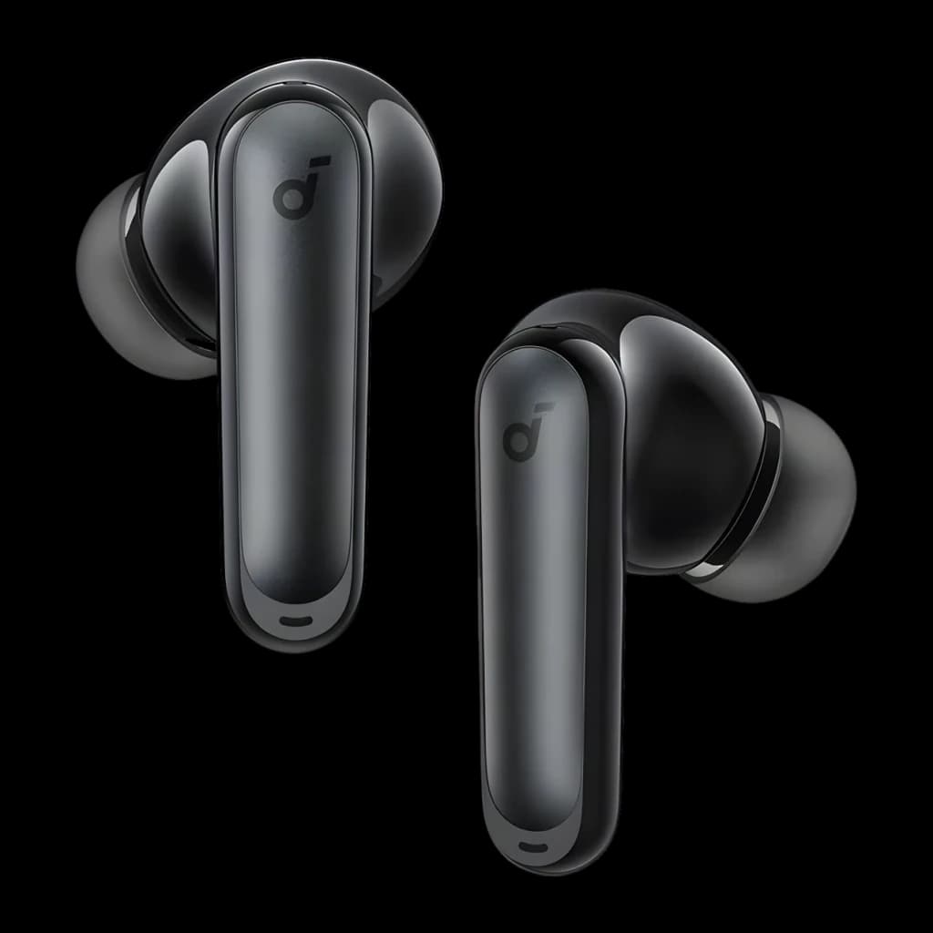 Anker Soundcore P41i Negro, vista frontal: dos auriculares true wireless con logo Soundcore en el vástago brillante