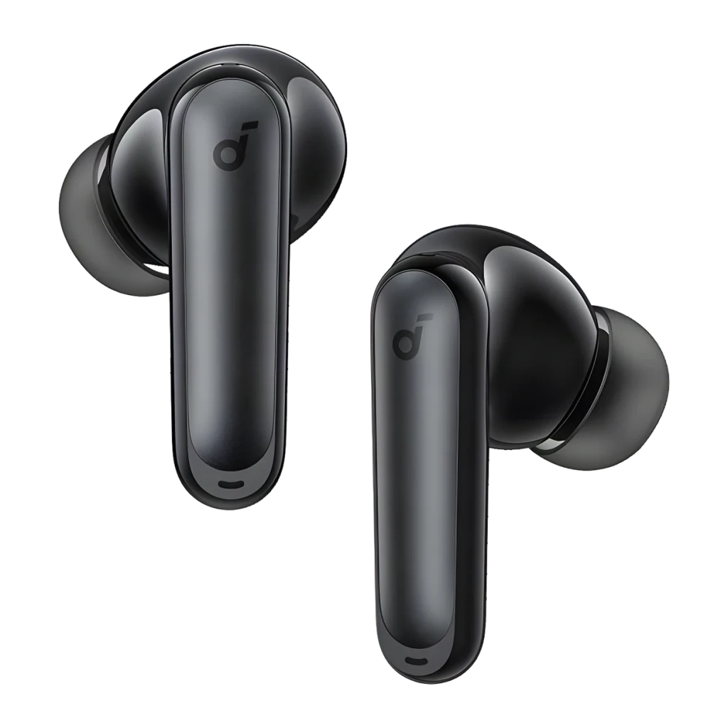 Anker Soundcore P41i Negro, vista frontal: dos auriculares in-ear negros con logo Soundcore y vástago alargado