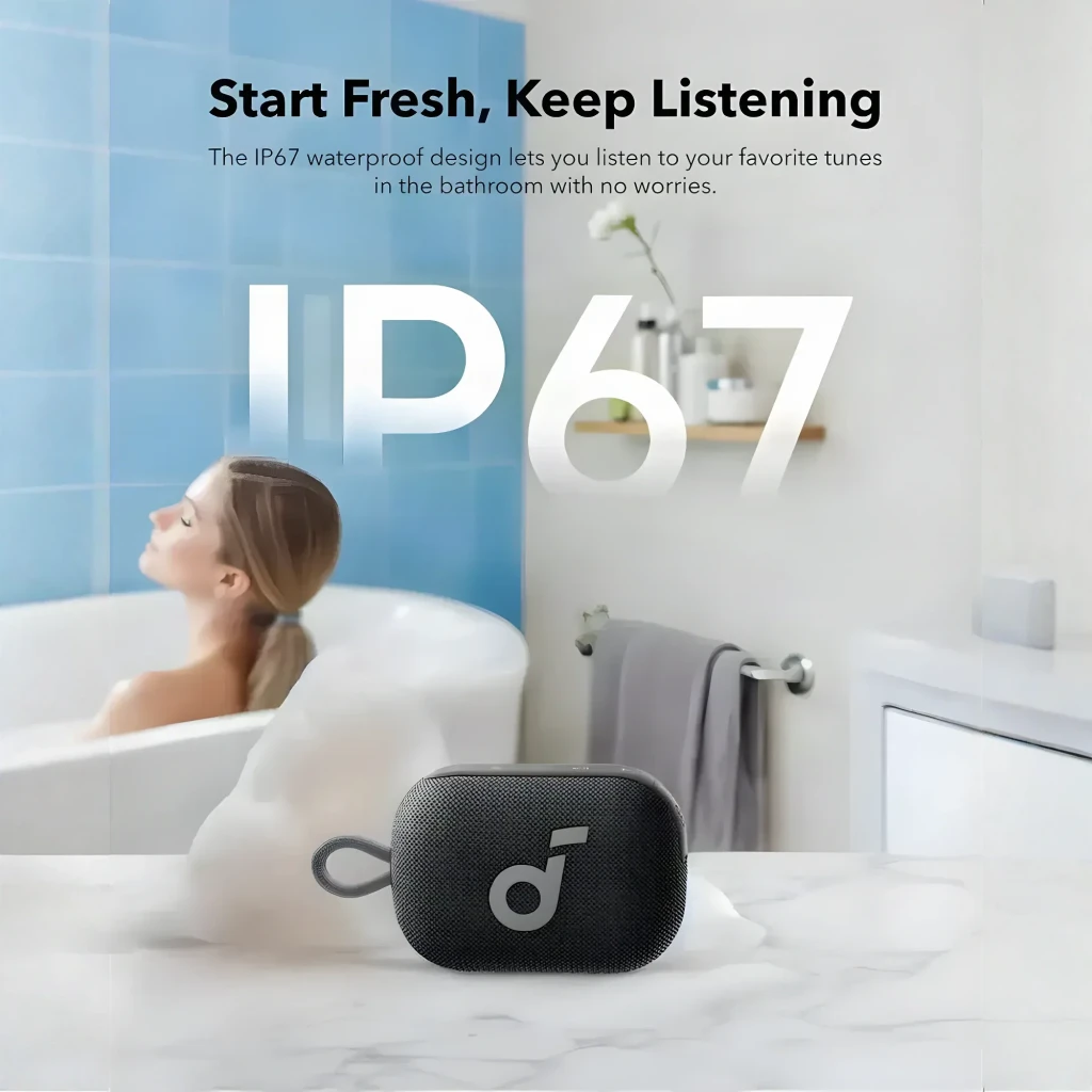 Altavoz Bluetooth Soundcore Select 4 Go negro, compacto con malla textil, logo Q plateado, luz LED azul y correa trenzada para llevar, diseño resistente IP67 - Ítem6