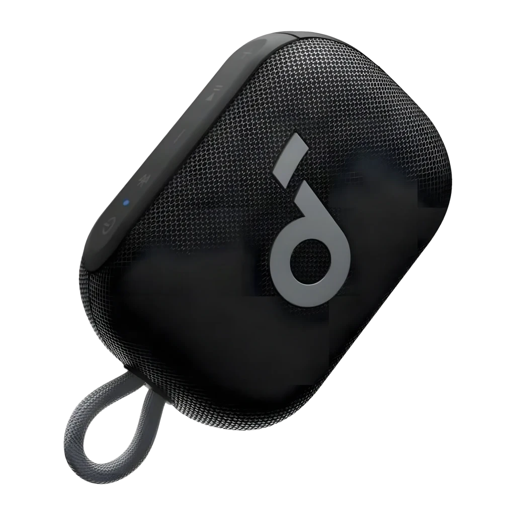 Altavoz Bluetooth Soundcore Select 4 Go negro, compacto con malla textil, logo Q plateado, luz LED azul y correa trenzada para llevar, diseño resistente IP67 - Ítem1