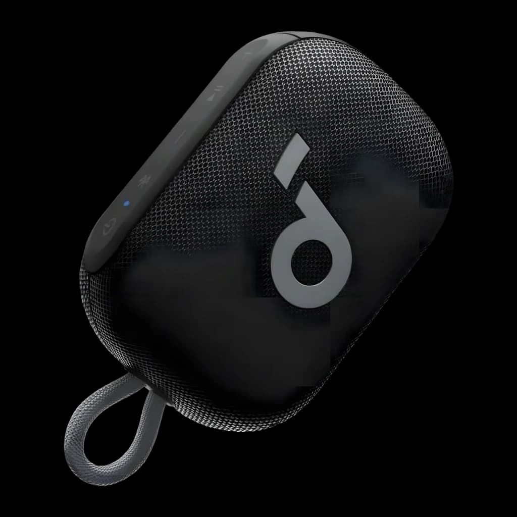 Enceinte compacte noire avec logo Soundcore argenté, maille métallique, sangle de transport, commandes supérieures et voyants LED, design robuste IP67