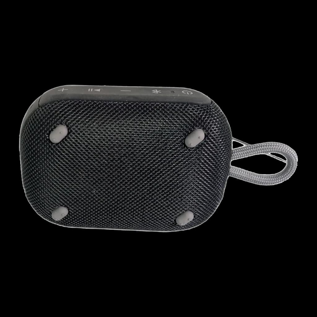 Enceinte portable noire compacte avec grille en maille, commandes supérieures tactiles, quatre patins antidérapants et sangle de transport grise IP67