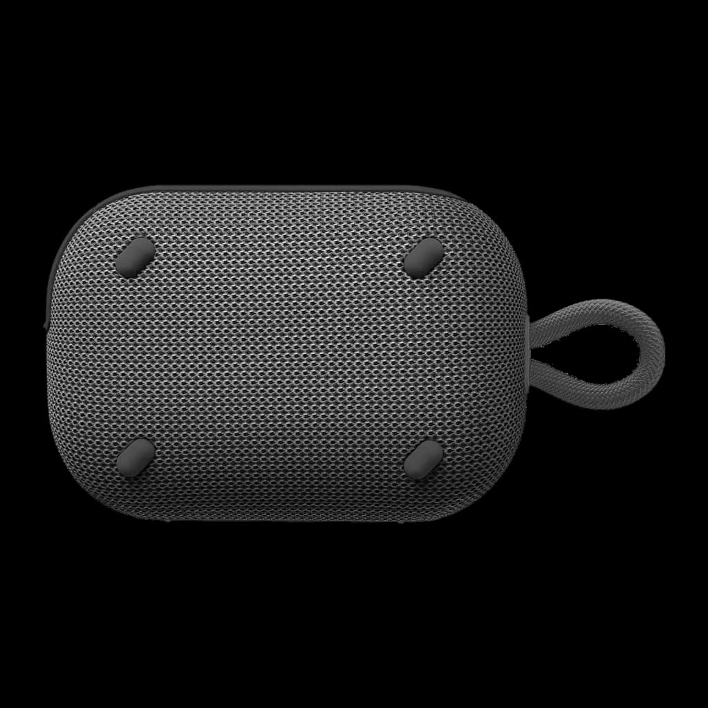 Enceinte portable noire compacte avec grille métal, quatre patins antichoc et dragonne latérale tressée, design robuste et épuré IP67
