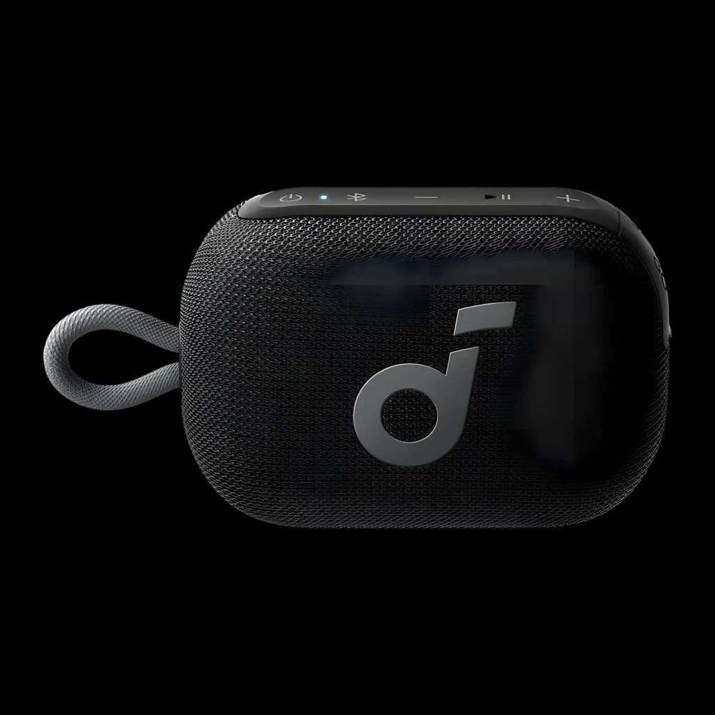 Enceinte compacte noire avec maille tissu, logo d argent, boucle de transport tressée, commandes supérieures rétroéclairées et format portable robuste IP67