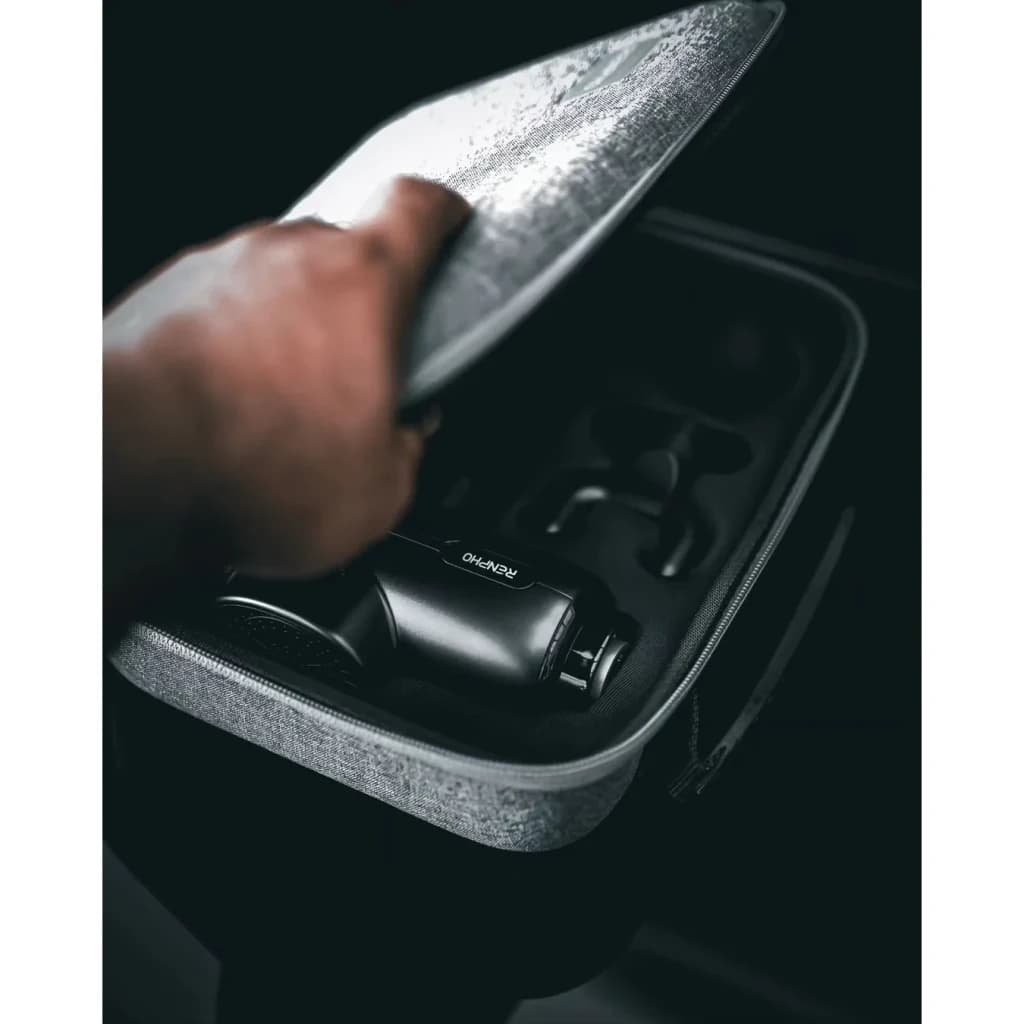 Pistola de Massagem Renpho Active Massage Gun Preto 5 velocidades, estojo: mão abrindo case rígido cinza com pistola