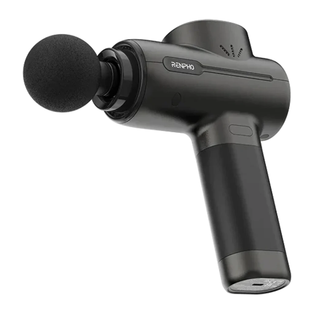 Pistola de Massagem Renpho Active Massage Gun Preto 5 velocidades, vista lateral: cabeçote esférico de espuma, logo Renpho