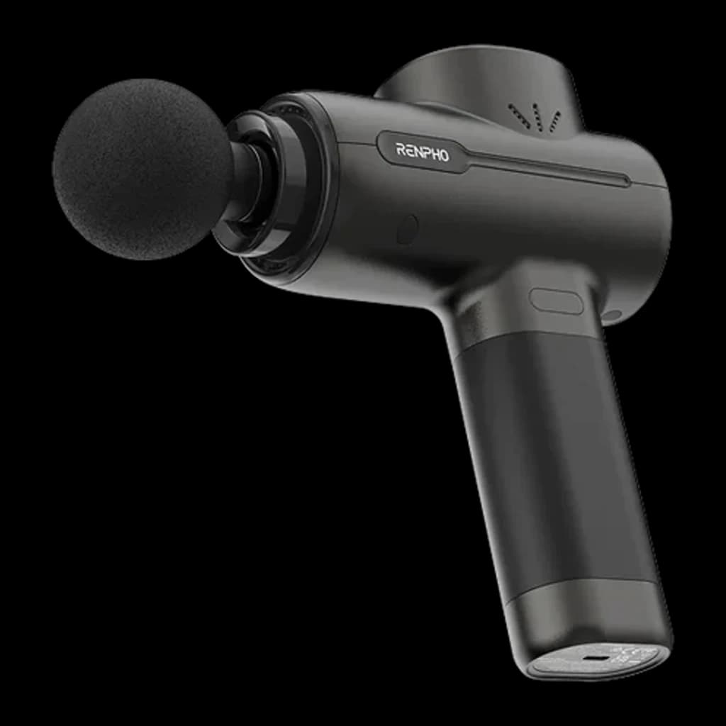 Pistola de Massagem Renpho Active Massage Gun Preto 5 velocidades, vista lateral: cabeçote esférico de espuma, logo Renpho