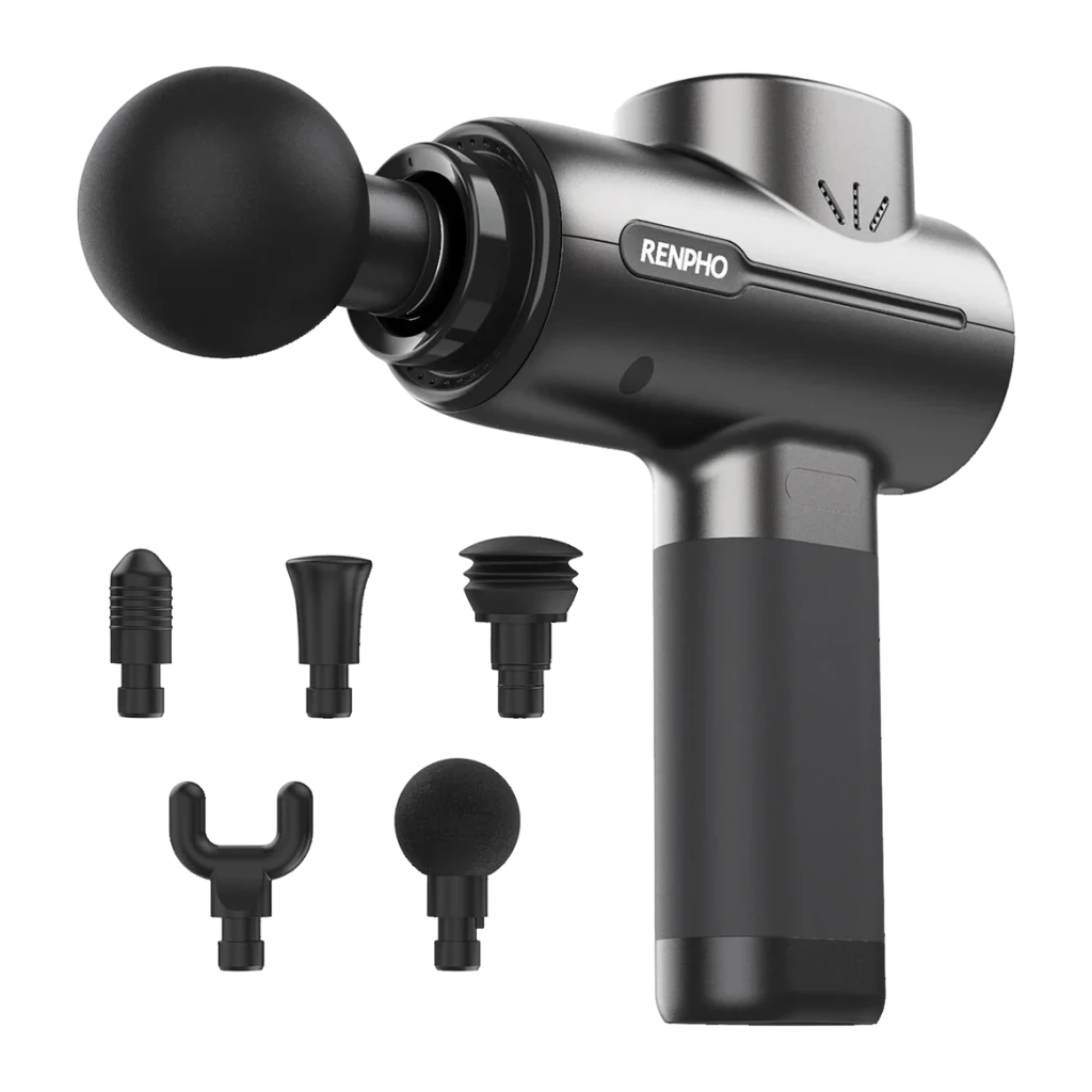 Pistola de Massagem Renpho Active Massage Gun Preto 5 velocidades, vista lateral: cabeça esférica montada e 5 acessórios