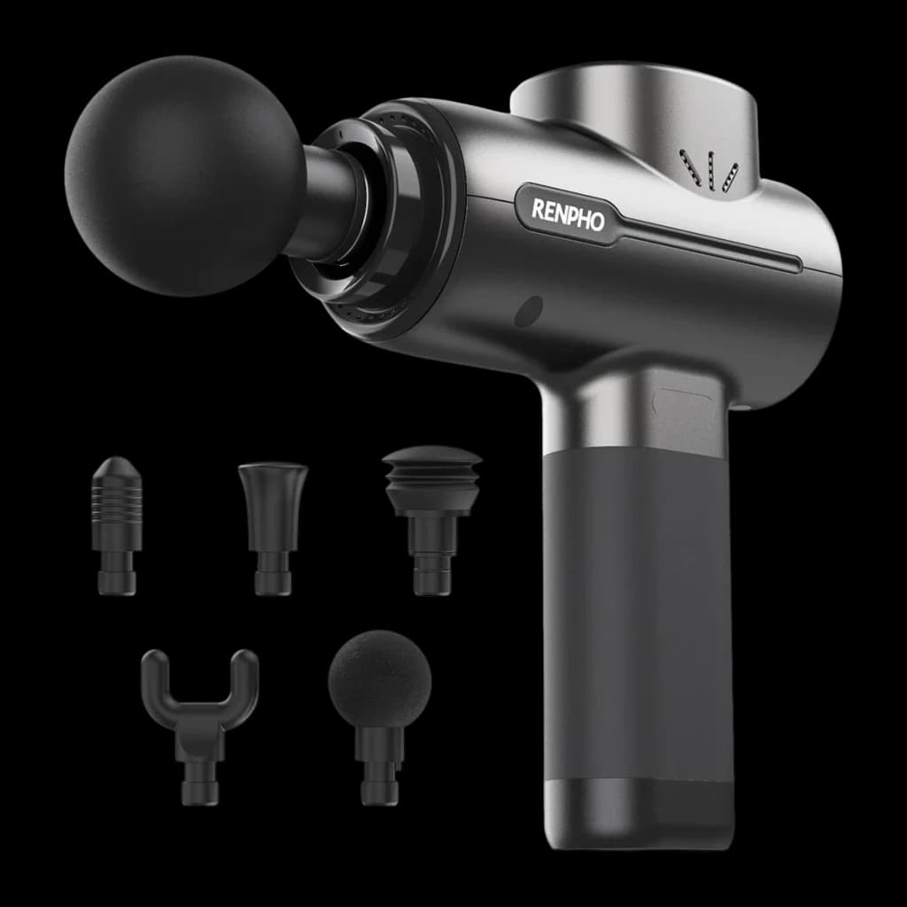 Pistola de Massagem Renpho Active Massage Gun Preto 5 velocidades, vista lateral: cabeça esférica montada e 5 acessórios