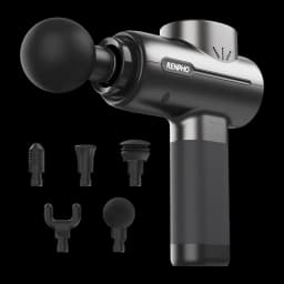 Pistola de Massagem Renpho Active Massage Gun Preto 5 velocidades, vista lateral: cabeça esférica montada e 5 acessórios