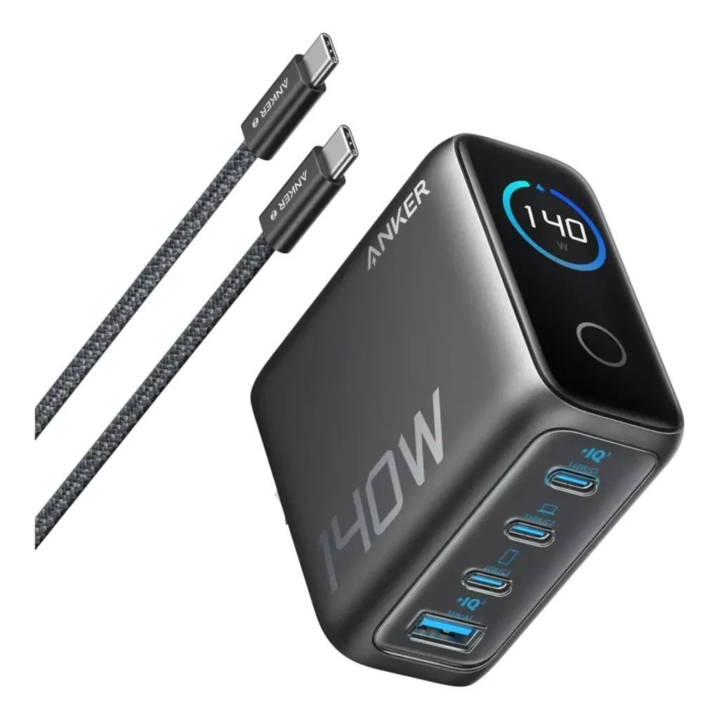 Cargador Anker Zolo GaN 140W gris compacto con pantalla LED 140W, 3 puertos USB-C azules y 1 USB-A frontal, incluye dos cables trenzados USB-C