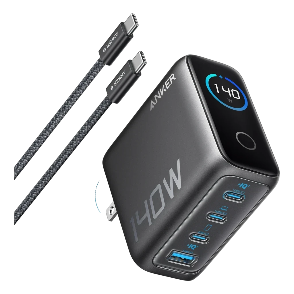 Cargador Anker Zolo GaN 140W gris con pantalla LED 140W, 1 puerto USB-A y 3 USB-C azules, diseño compacto en cubo y cables USB-C trenzados incluidos