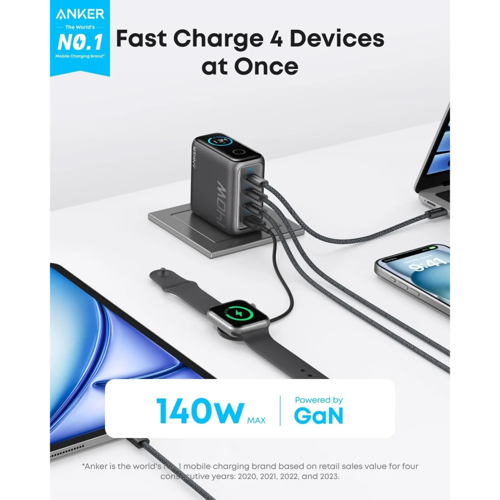 Cargador Anker Zolo GaN 140W Negro 4 Puertos (1xUSB-A + 3xUSB-C), lifestyle: cargando tablet, smartwatch, móvil y portátil