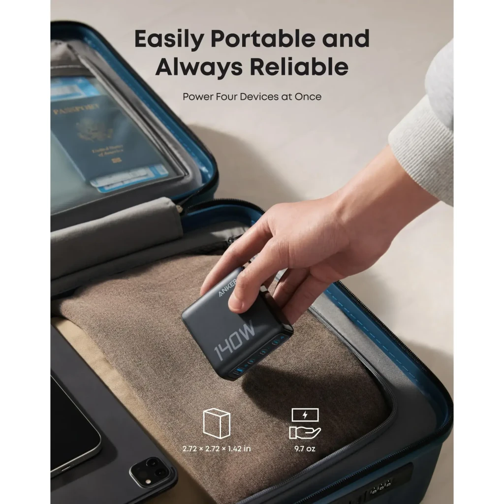 Cargador Anker Zolo GaN 140W Negro 4 Puertos (1xUSB-A + 3xUSB-C), uso viaje: mano colocándolo en maleta abierta con pasaporte