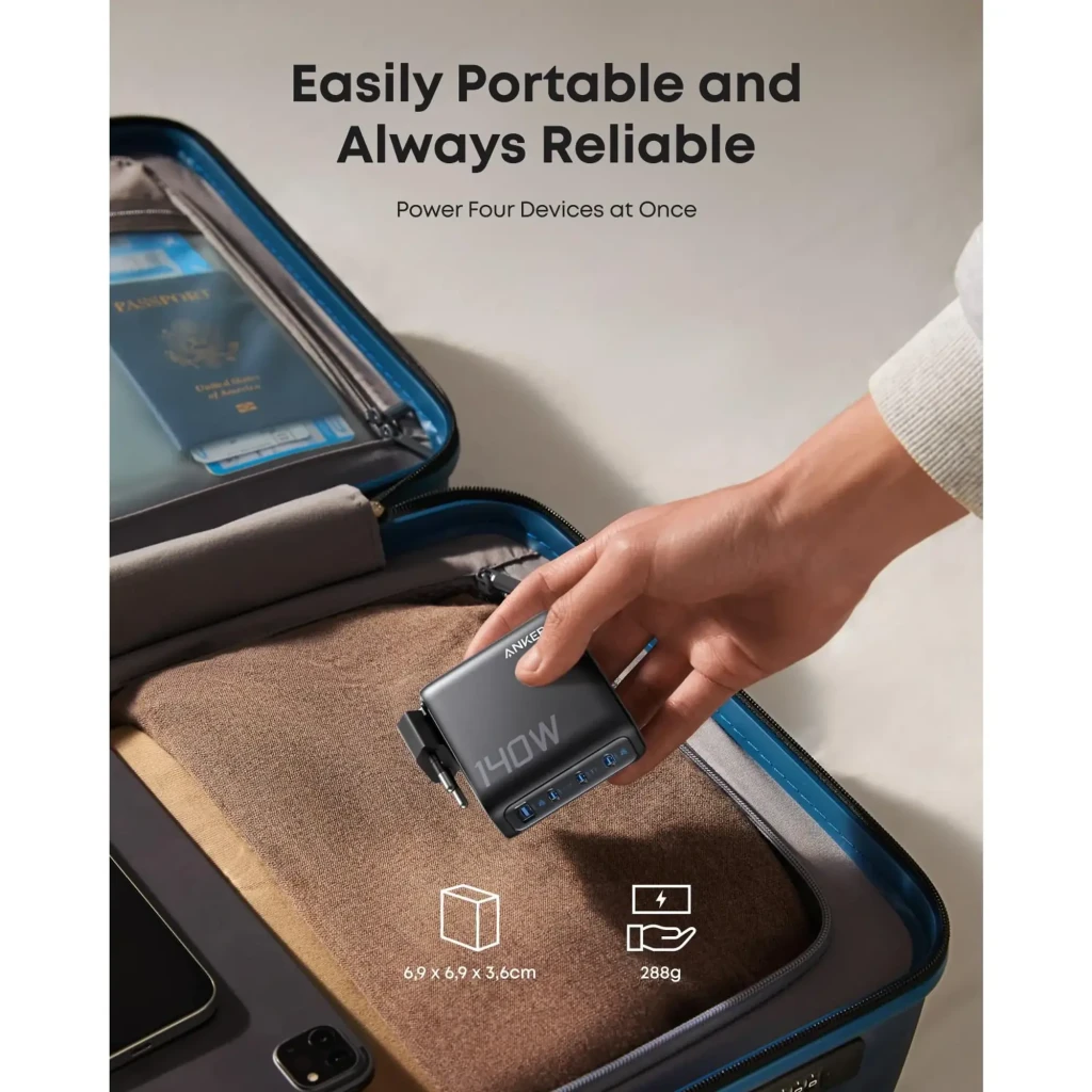 Cargador Anker Zolo GaN 140W Negro 4 Puertos (1xUSB-A + 3xUSB-C), uso viaje: mano guardándolo en maleta abierta con pasaporte