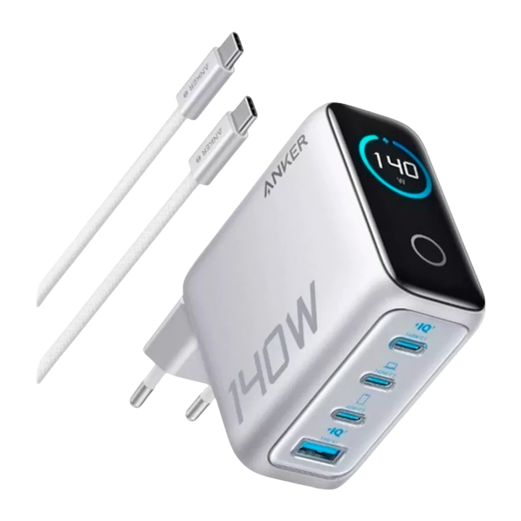Cargador Anker GaN 140W Gris 4 Puertos (3x USB-C + 1x USB-A) B2697G41, vista principal: pantalla LED 140W, 4 puertos