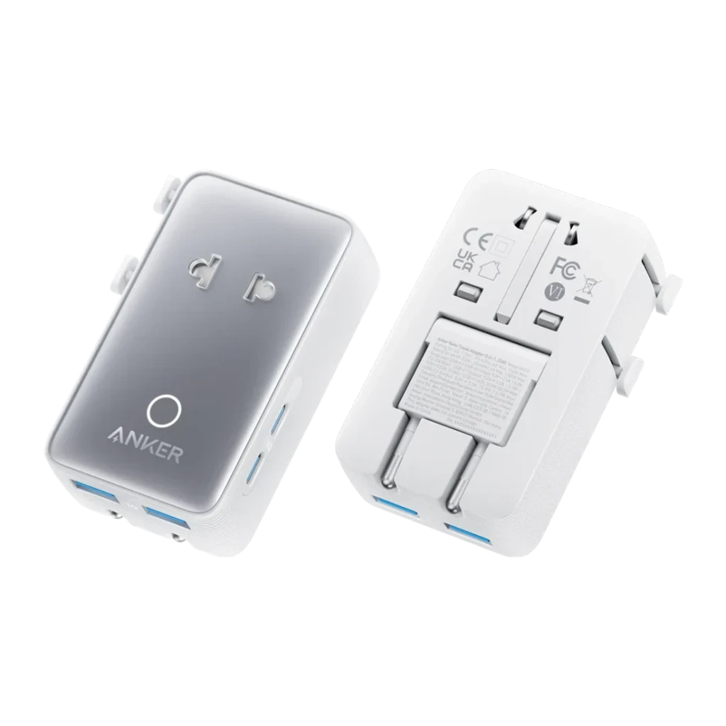 Chargeur de voyage Anker Nano Travel Blanc 20W 2×USB-C + 2×USB-A A9215H21, avant et arrière: fiches universelles repliables