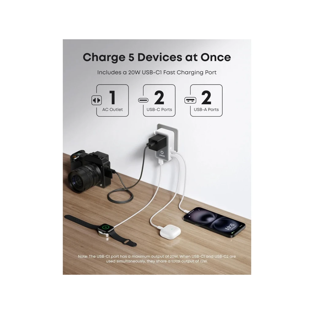 Chargeur de voyage Anker Nano Travel Blanc 20W 2×USB-C + 2×USB-A A9215H21, usage: branché chargeant caméra, montre