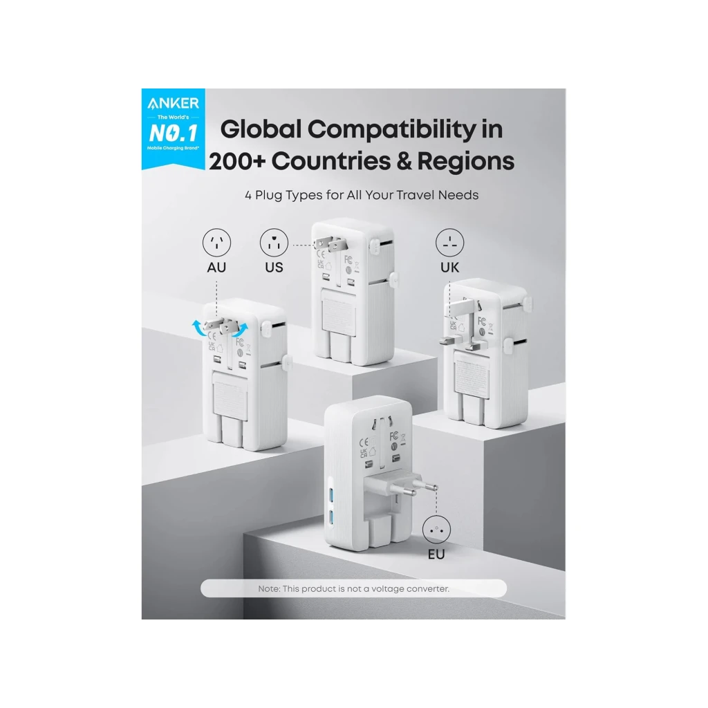 Chargeur de voyage Anker Nano Travel Blanc 20W 2×USB-C + 2×USB-A A9215H21, infographie: 4 types de prises AU US UK EU