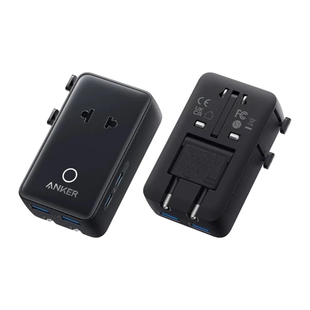 Adaptateur de voyage Anker Nano 5 en 1 Noir 20W 2x USB-C + USB-A + 1x AC, avant et arrière: prises universelles, ports
