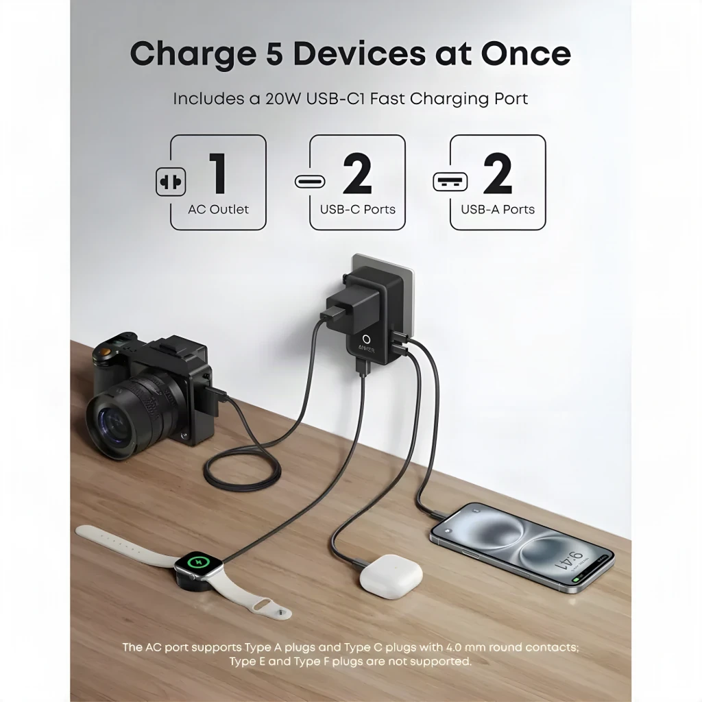 Adaptateur de voyage Anker Nano 5 en 1 Noir 20W 2x USB-C + USB-A + 1x AC, infographie: branché au mur chargeant caméra