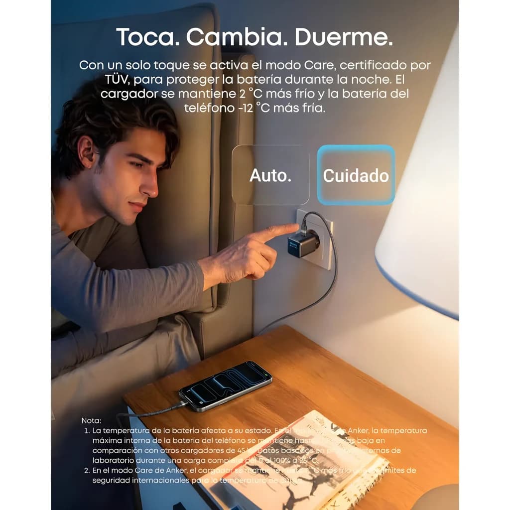 Carregador Anker Nano 45W Preto USB-C, lifestyle: pessoa na cama tocando botão modo Care com carregador na tomada